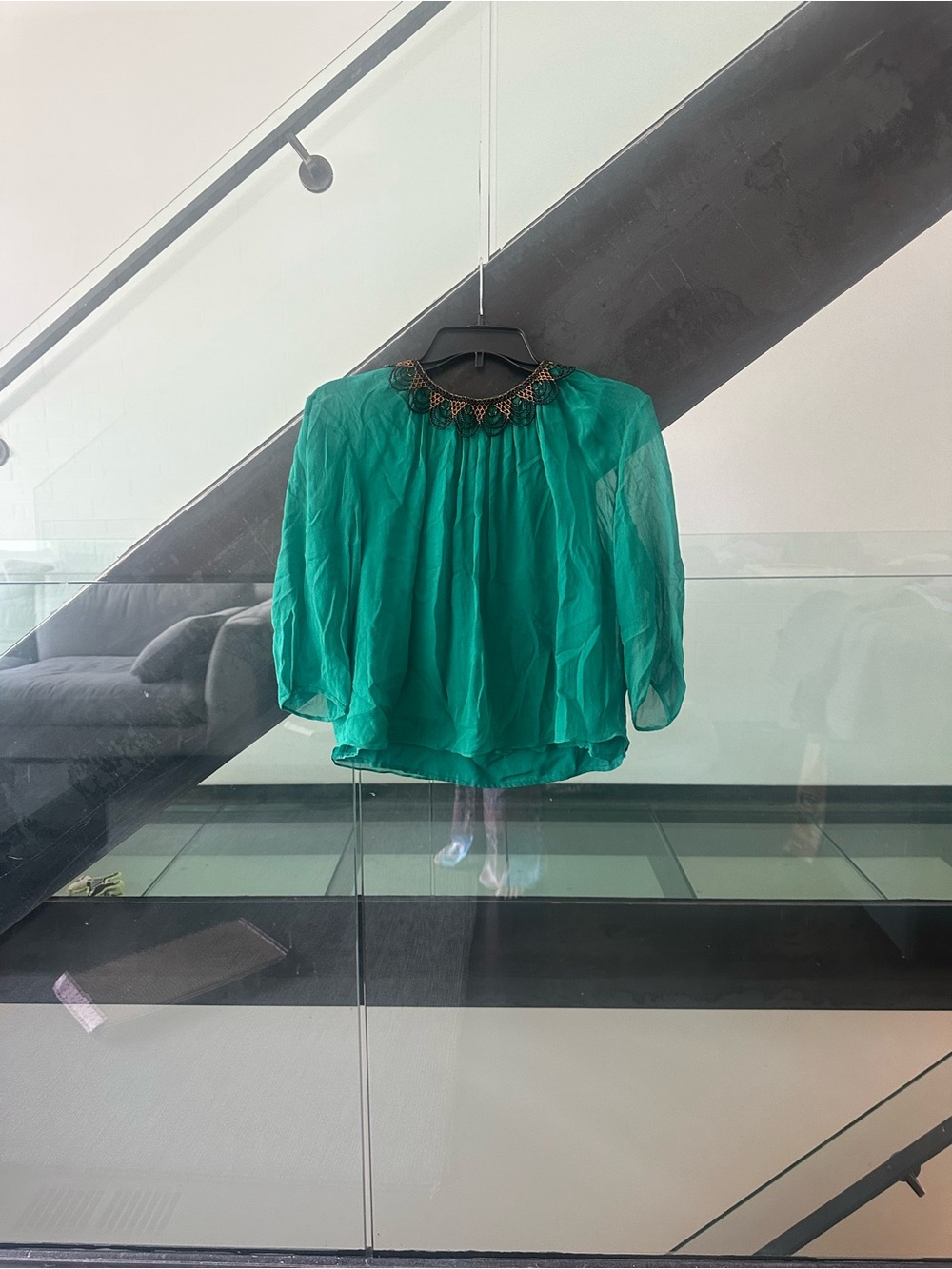 3.1 Phillip Lim Emerald Green Silk Blouse with Beaded Neckline - Picture 2 of 5